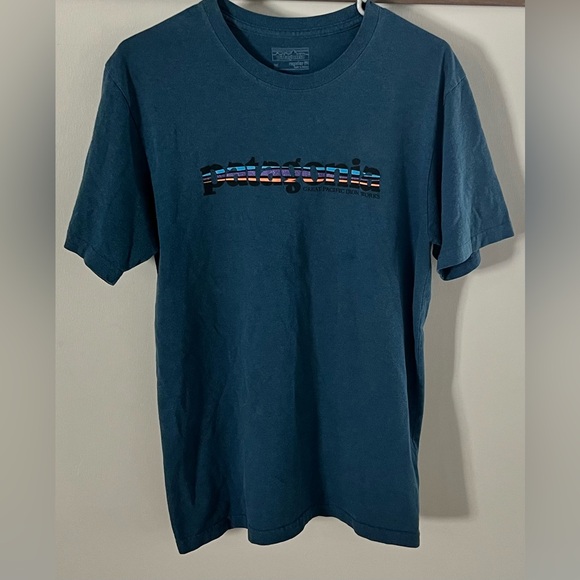 Patagonia Great Pacific Iron Work Blue Outdoor Worn Wear T Shirt-Mens Medium - Picture 1 of 5